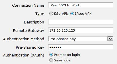 4. Set Authentication Method to Pre-Shared Key and enter the key below 5.