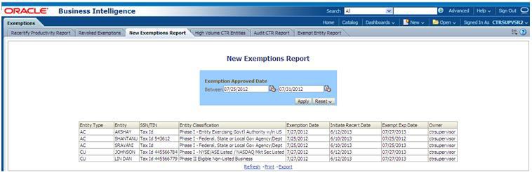 Dashboard Types Chapter 6 Managing CTRs Figure 75. New Exemption Reports To generate New Exemption Reports, follow these steps: 1. Hover over the Reports menu in the CTR and click Reports.