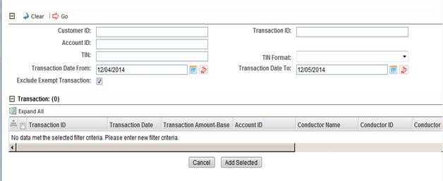 Managing Currency Transaction Report Details Chapter 3 Managing CTRs Figure 19. Add Transaction Window 3. Enter the required fields as explained in the following table: Table 8.