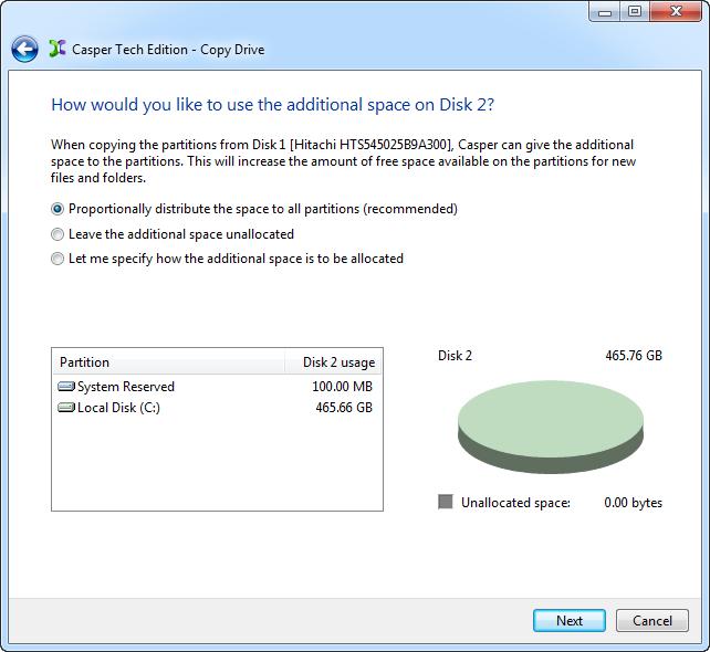 5. When prompted to specify how the space on the new hard disk is to be used, click Next to accept the default.