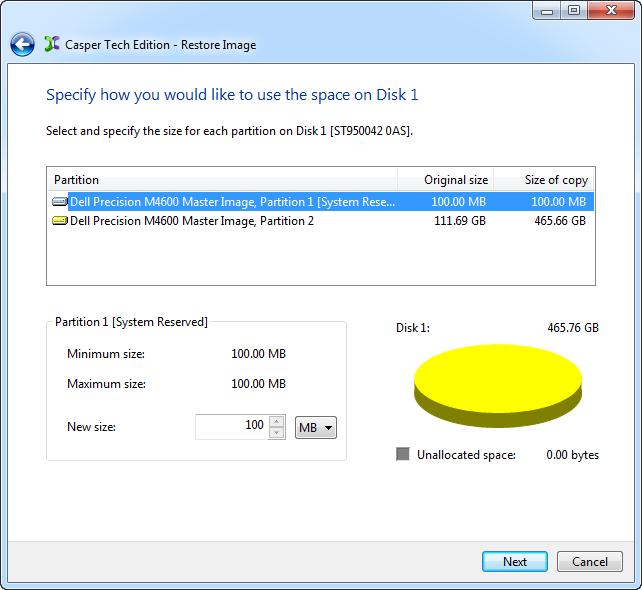 6. When prompted to specify how the space on the destination hard disk is to be used, click Next to accept the default.