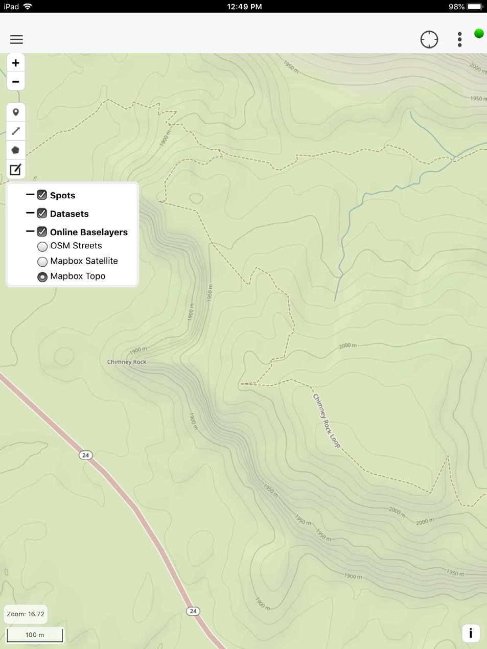 Zoom in or out From top to bottom: add Point Spot, add Line Spot, add Polygon Spot, edit Spots. Zoom to GPS position More map commands Device online (green) or offline (red).