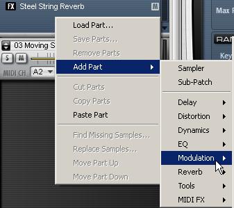 Adding an Effect Part 1 Right-click the Part list below all parts. 2 Select Add Part > Modulation > Phaser Stoned from the context menu.