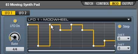 Modulating Amplitude by LFO 1 Select the synth patch and click the Mod subpage tab in the Parameter panel. 2 Play a chord or note and move your MIDI keyboards Modwheel up.