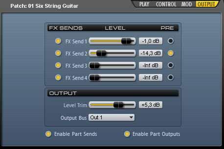 Output Sub-Page On the Output Sub-page you can assign the patch an individual outputs, and adjust its output level and send amount to each of the four Send Effect slots on the Effects page.