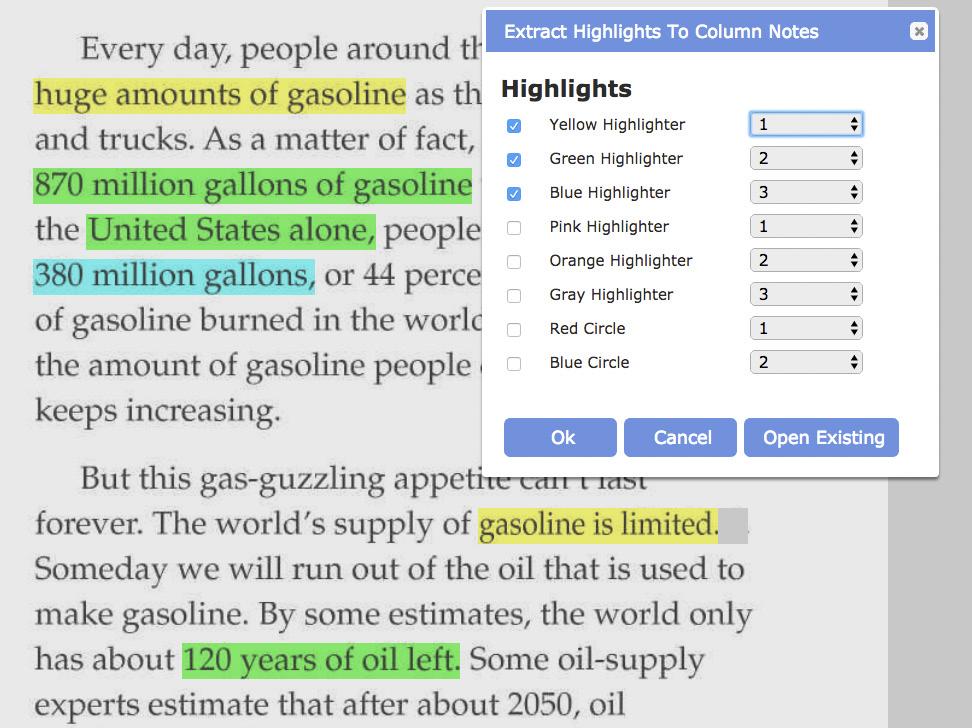 Extract Highlights to Column Notes Highlight your document with different highlighters.