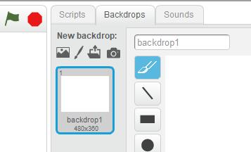 Then click the Backdrops tab, which suddenly appears up the top of the blocks area between Scripts and Sounds, as shown in Figure 45. Choose the brush tool so you can draw freehand.