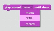 Click the Scripts tab again and when you go to play sound meow until done, click the down arrow and rattle will come up as a choice select it, as shown in Figure 71.