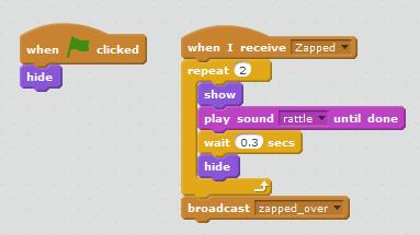 Figure 71: Play sound block includes a choice of sounds Your code should look like Figure 72. Figure 72: Scratch code for sound effect for Shocked cat To do: Try this code out now.
