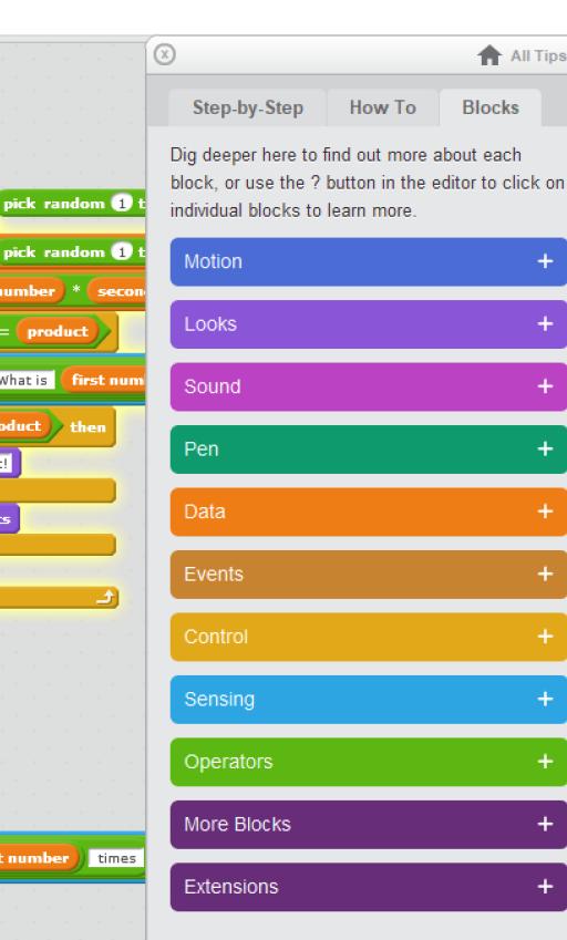 Figure 94: Scratch provides extensive information about each block Apart from tips, there are thousands of projects available online where students can see how other programmers got things working.