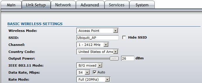 Link Setup The Link Setup page allows you to manage general wireless connection parameters of the device.