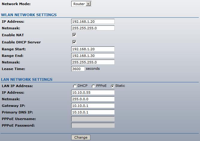 Figure 15 Router mode Network Settings There are two network segments (WLAN and LAN) configured separately when device is operating in Router mode.