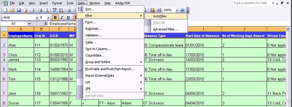 To set up auto-filter, select all of the headings in row 1 (e.g. employee name, emp id D.O.