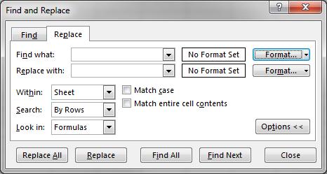 IV. Find and Replace Formatting Excel s find and replace feature can be used to find and replace a specified format. To use find and replace with formatting: 1.
