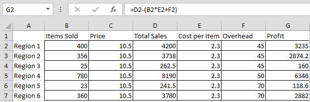 To do this, click on cell D2 and enter =B2*C2 in the formula bar. Drag this formula to fill cells D2:D7, the total sales for each location will be calculated.