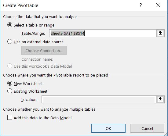 PivotTable After clicking on "OK", this box will appear.