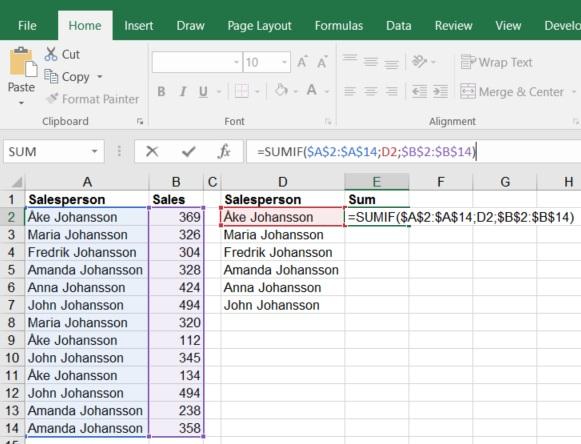 SumIf Do you need to summarize what each salesperson has sold for and you don't want to use a PivotTable? Then you can use SumIf.