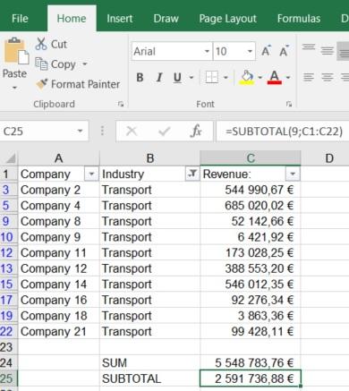 Subtotal In case you have a filter and have chose to filter only on companies from the Industry "Transport", the Sum formula will still show the total value for all companies, even though a filter