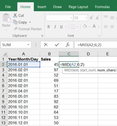 Mid The Mid formula can be used to extract certain information from a cell. For example, if you have the exact date when the sale happened but only wish to present which month.