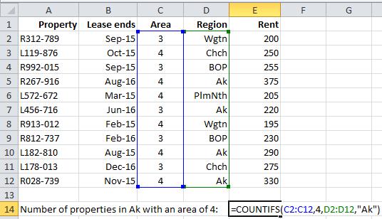 Excel Skills - Functions Here we count the number of times that C2:C12 is 4 and D2:D12 is Ak.