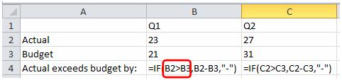 Excel Skills - Functions The first part tests to see whether B2 (actual) is greater than B3 (budget). The result of this test will be TRUE or FALSE.