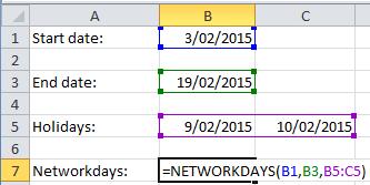 The first parameter to the function is the reference date, the second specifies the number of workdays ahead and the third (optional) specifies a list of holidays.
