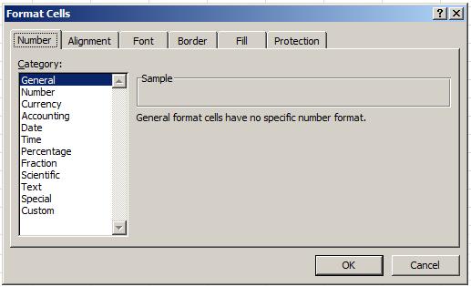 Excel Skills - Formatting After it is started, the Format Cells dialog is as shown next Tabs at the top of the dialog let you format Numbers, Alignment, Fonts, Borders and so on.