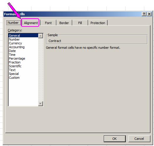 Format Cells dialog Click on the Alignment tab to show the