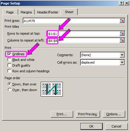 Select the Sheet tab, specify the row that will be printed at the top of each page (row 1 in our example) and the column