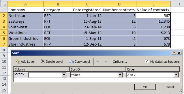 Excel Skills - Sorting and tabulating Notice that the Sort dialog has a tick-box named My data has