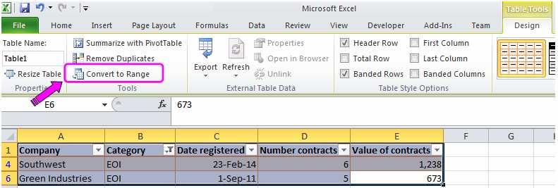 To remove a table (whilst leaving the data intact) do the following: Select all cells in the table, in the Table Tools ribbon that appears press
