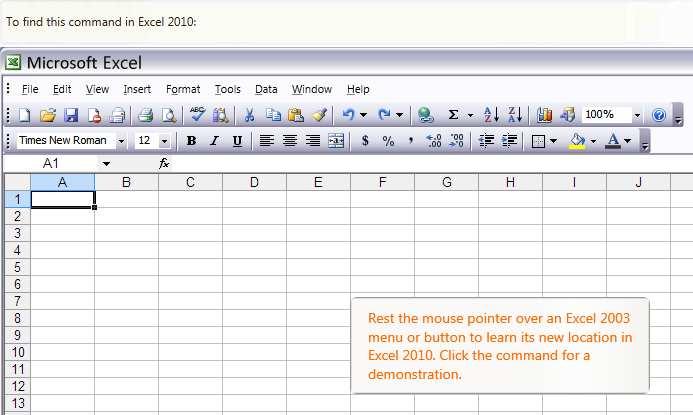 Move the mouse to a Excel 2003 menu item and the guide will