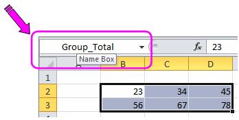 This can make formulas easier to read. For example =SUM(GroupTotal)... is easier to read than... =SUM($E$23:$Z$56) To name a range begin by selecting it.