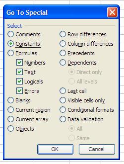 Excel Skills - Formulas and referencing Edit GoTo Special Press ALT + E, G and then press the Special button to highlight cells in the currently selected range that meet a particular criterion.