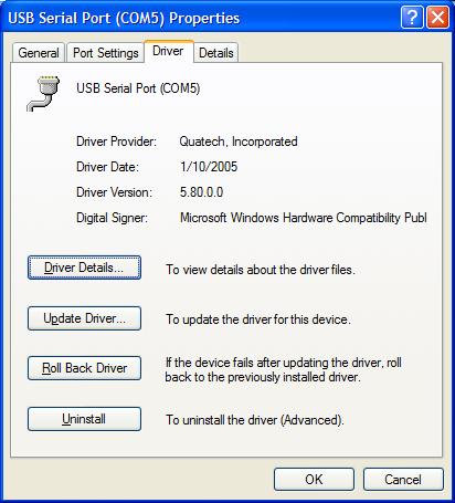 Click Cancel to return to the Port Settings tab. Step 12 Click the Driver tab to view the driver information and update the driver. The USB Serial Driver properties dialog box displays.