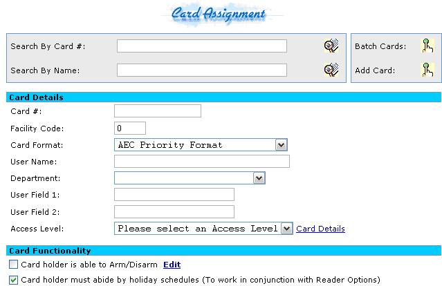 Access Easy Master Controller Initial Access Easy Master Controller Software Setup en 19 4.5 Card Assignment 4.5.1 Adding a Card to the database 1. To add a Card Number, click on Card Assignment link.