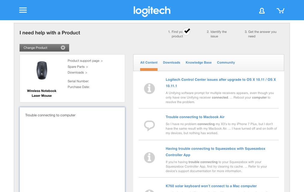 Featured Site Logitech case creation page leverages all the information entered by the customer in the case deflection workflow to suggest relevant information that can
