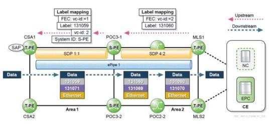 Given the diagram shown: Which statement correctly describes how the Switching Provider Edge (S-PE) handles Targeted Label Distribution Protocol (T-LDP} messages sent on behalf of the epipe 1 service?