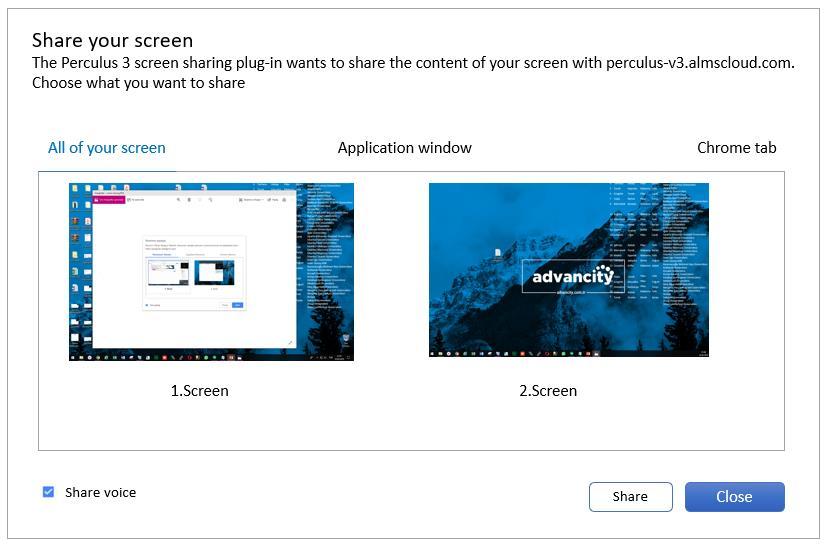 5.3 SCREEN SHARING For screen sharing, Perculus 3 screen sharing plug-in must be installed to the Google Chrome browser.