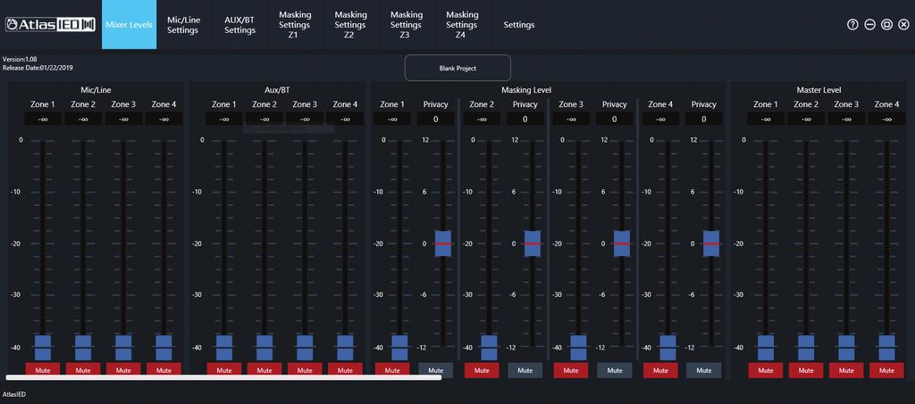 Overview of the Z2 & Z4 Mixer Page (Home) When opening the Z2 / Z4 Project Design software for the first time, the EQ settings are set to 0dB (flat) or not enabled, the levels are muted and the