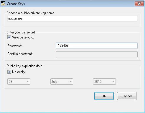 Fill in the necessary details required to create your public and private key pair: Indicate a key name. By default, <UserName>@<domain> is suggested as part of the keys name. Indicate a key password.