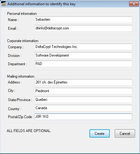 To finish creating your keys, click on the Create button If running your DeltaCrypt software application for the first time: Click OK to use this public key as the default one No one, not even