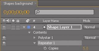 You could duplicate the shape manually, but instead, you ll use the Repeater path operation to create multiple rows of the sun. 1 Select Shape Layer 1.