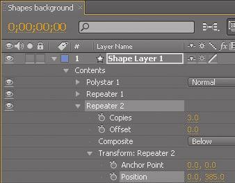 11 Expand Shape Layer 1 > Contents. 12 Select Shape Layer 1, and then choose Repeater from the Add pop-up menu. 13 Expand Repeater 2 > Transform: Repeater 2.