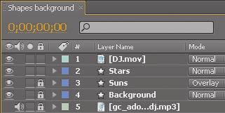 4 Drag the gc_adobe_dj.mp3 item from the Project panel to the Timeline panel, placing it beneath the other layers.
