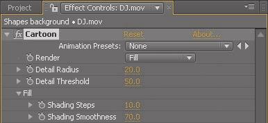 1 Select the DJ.mov layer in the Timeline panel. 2 Choose Effect > Stylize > Cartoon. The Cartoon effect performs three operations on a layer.