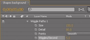 10 Hide the Rectangle 1 properties. 11 Select Shape Layer 1, and choose Wiggle Paths from the Add pop-up menu. 12 Expand Wiggle Paths 1. Then change the Size to 150 and the Detail to 80.