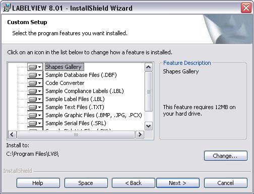 Installing LABELVIEW with a Hardware Key Chapter 3-3 Figure 3-2 Custom Setup 5 On the Custom Setup screen, you can click on a program feature in the list to view the amount of hard drive space