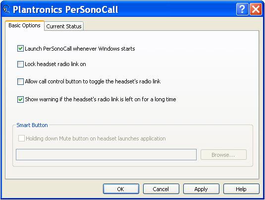 INSTALLING PERSONOCALL SOFTWARE Right click on the headset system tray icon and choose Options. This will bring up the PerSonoCall Basic Options and Current Status Screens.
