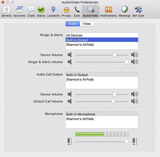 MAC WINDOWS 2. In the toolbar, click Audio/Video. Select your ringer, audio call output, and microphone preferences.